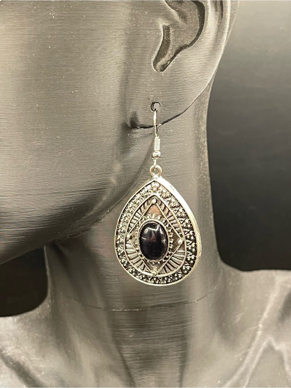 Silver-Tone Black Teardrop Dangle Earrings with Center Stone